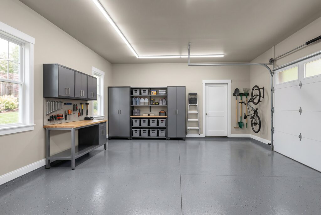 A garage painted in Sherwin Williams Agreeable Gray with gray epoxy floors, black garage cabinets, a workbench, and a wall-mounted bicycle.