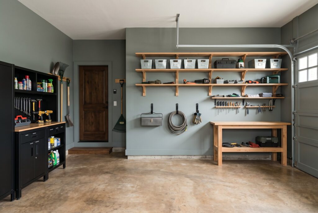 A garage painted in Farrow and Ball Pigeon, a gray-green shade, equipped with a wood workbench, wall-mounted tools, and black metal shelving.