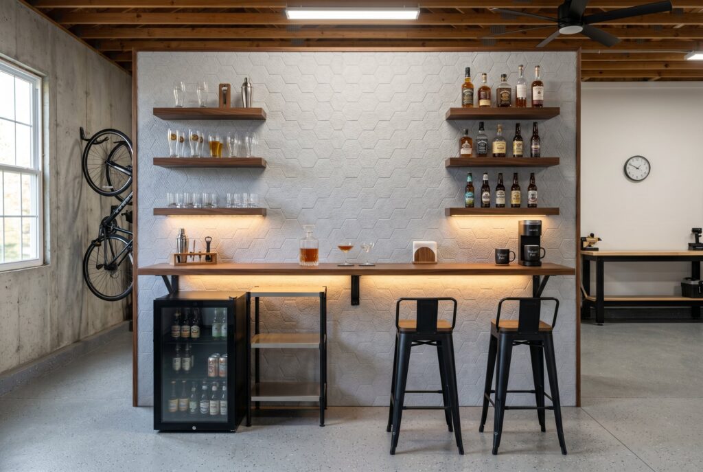 Japandi garage bar with floating shelves, minimalist counter, and warm wood finishes. 