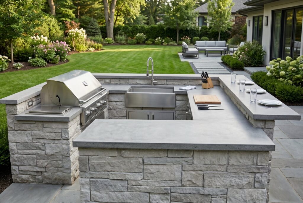 U shaped outdoor kitchen with grill, sink, prep counters, and complete cooking workflow.