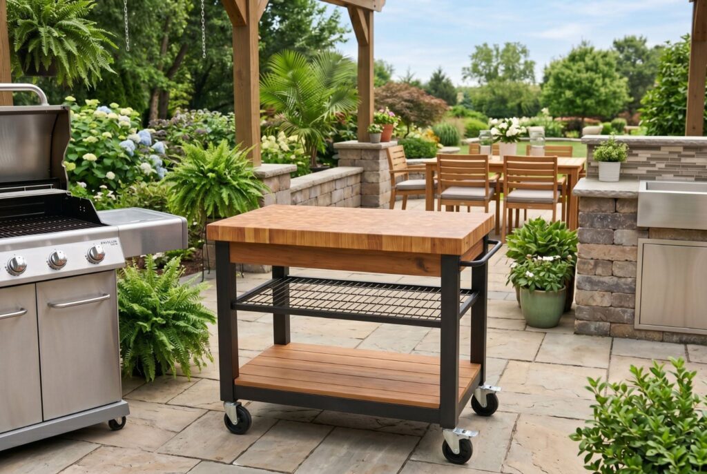 Mobile outdoor prep cart with butcher block top beside a backyard grilling station.