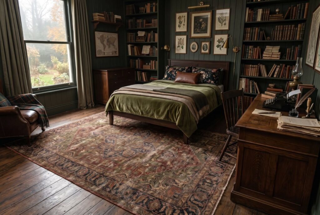 Vintage Persian style rug in dark academia bedroom with bookshelves and walnut furniture. 