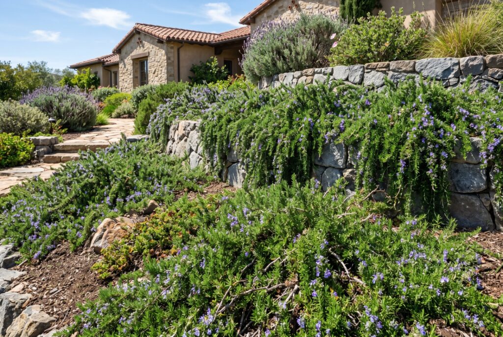 Trailing rosemary acting as a practical full-sun evergreen ground cover over a stone wall.