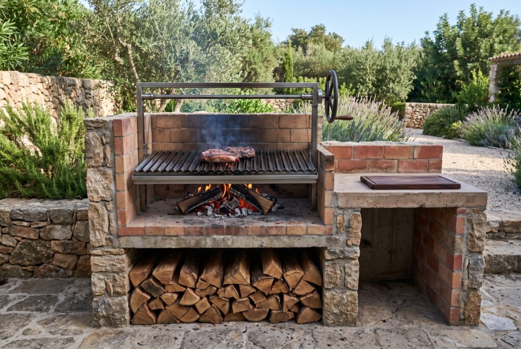 Outdoor kitchen combining built in grill, pizza oven, and masonry cooking station.