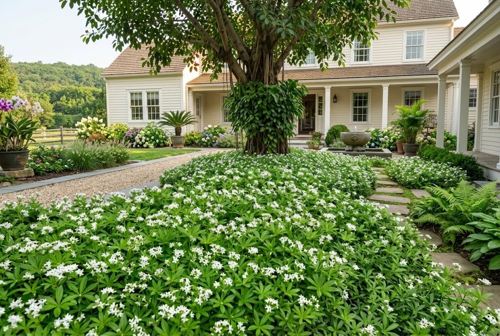 Fast-spreading snow in summer ground cover brightening a landscape with its silvery foliage and masses of crisp white flowers beneath a large tree.