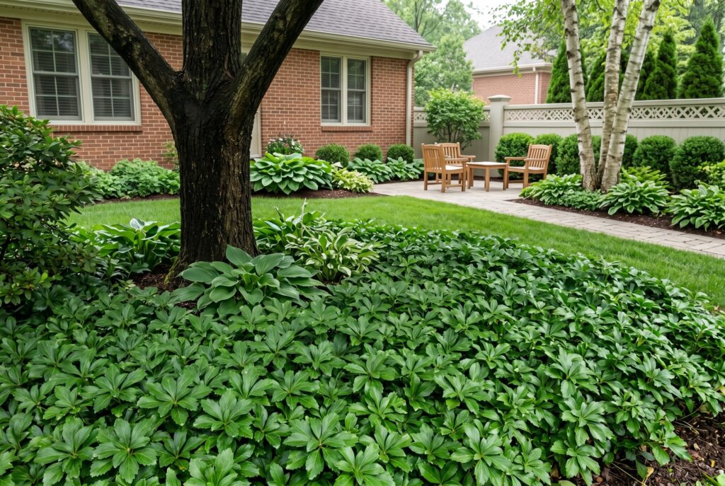 Pachysandra forming a dense evergreen mat beneath a large tree.