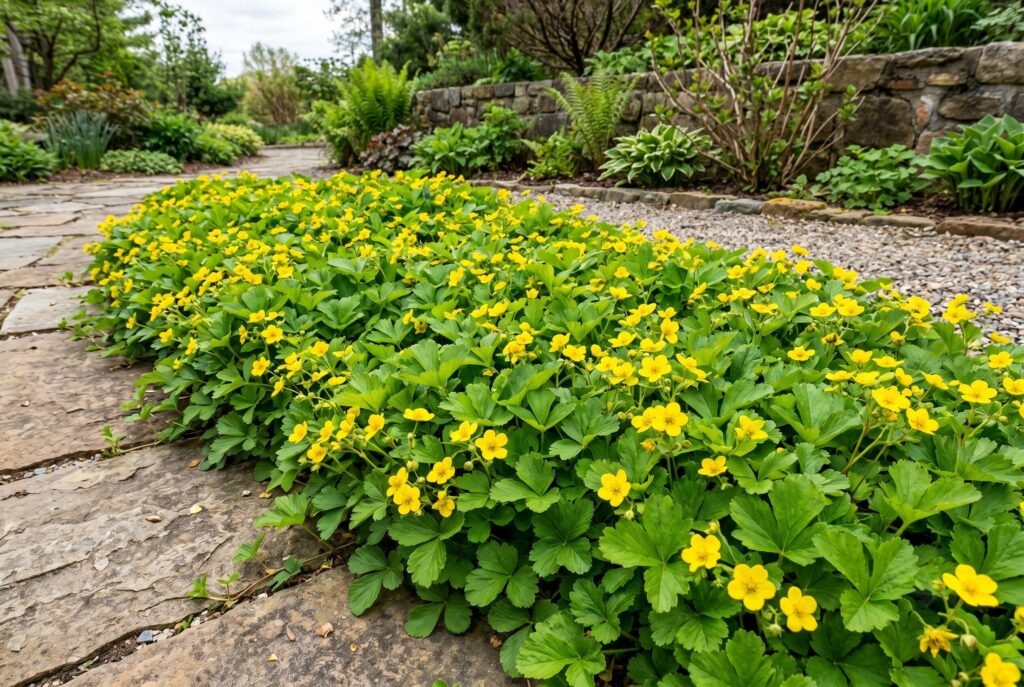 A dense carpet of barren strawberry featuring strawberry-like green foliage accented by bright yellow spring flowers along a stone border.