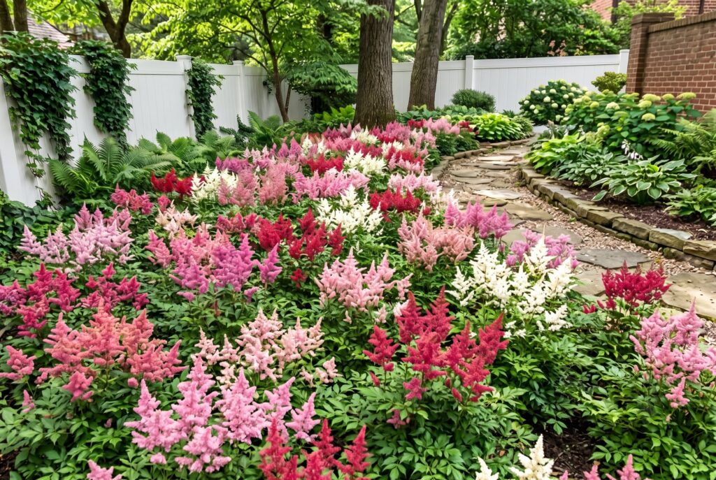 Astilbe adding elegant color to a moist, shaded landscape with its feathery pink, red, and white flower plumes rising above lush green foliage.