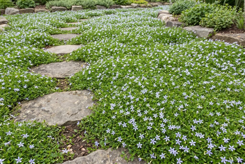 Blue star creeper filling gaps between stones with delicate star-shaped light blue flowers.