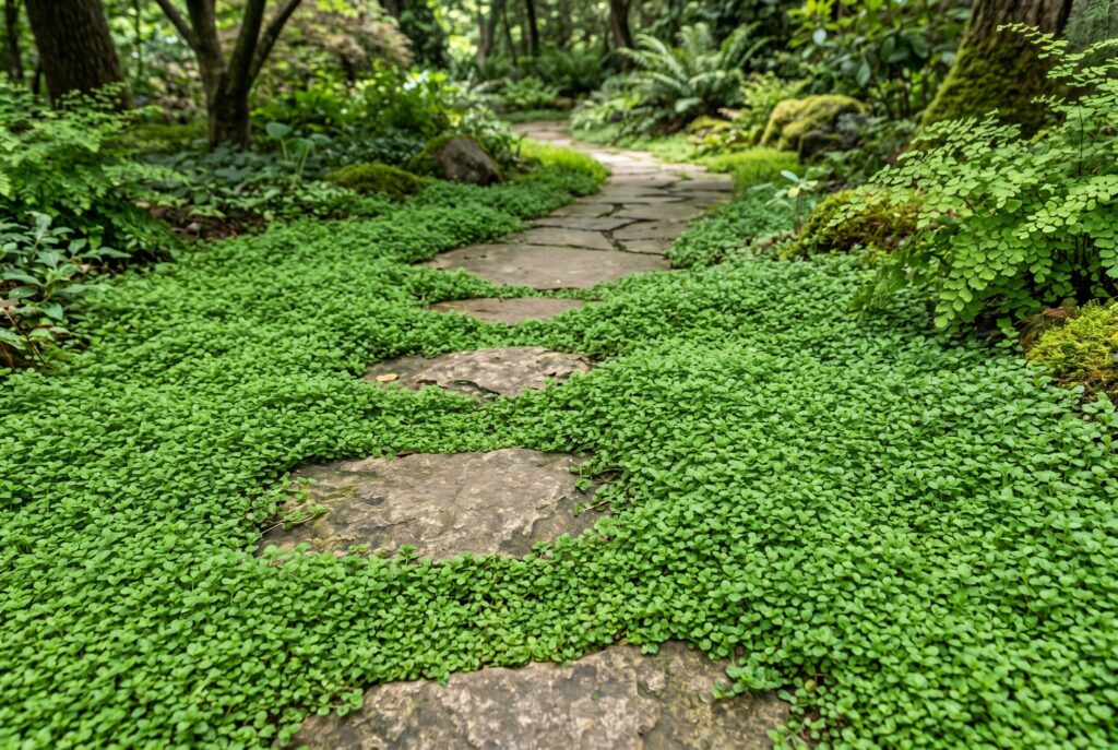 Corsican mint creating a tiny, soft green, and aromatic mat around a stone pathway.