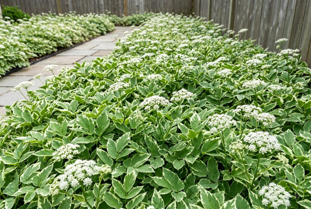 Tough bishop's weed with green and white variegated foliage growing in a contained garden space.