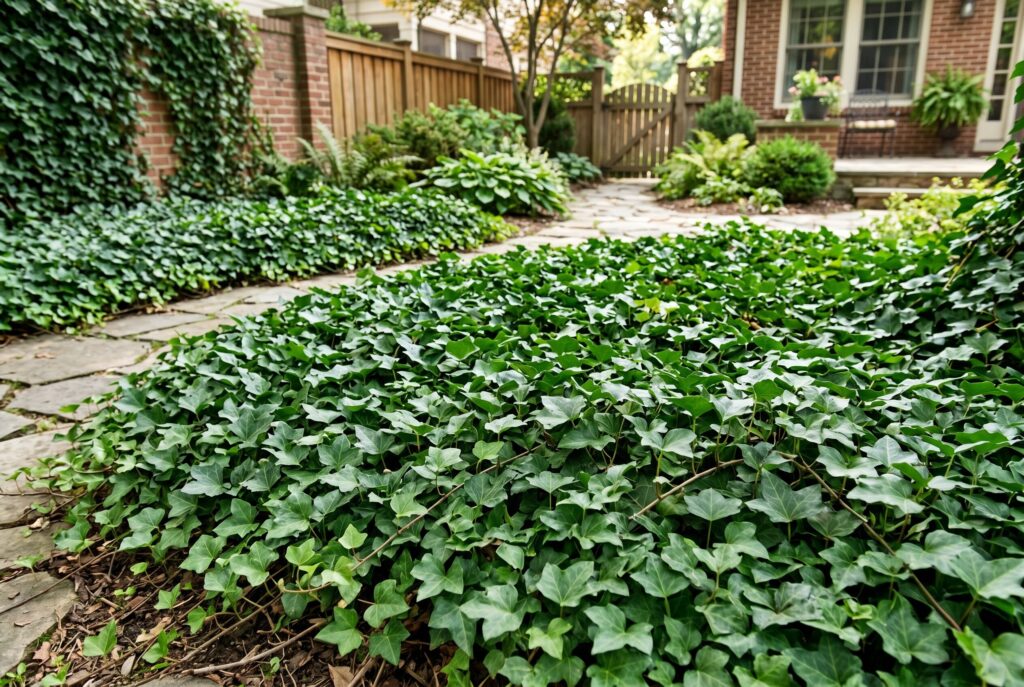 English ivy forming a dense green ground cover across a woodland floor.