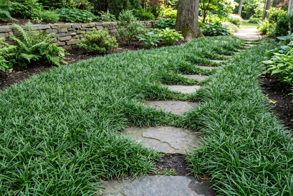Dwarf mondo grass growing neatly like a tiny lawn between slate stepping stones.