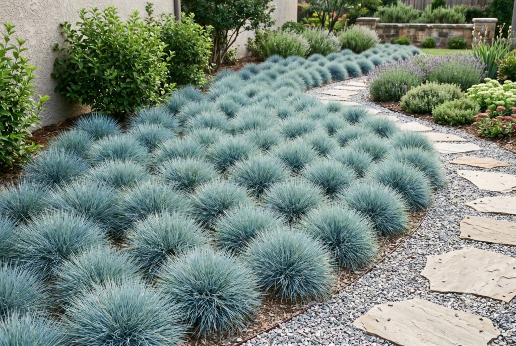 Compact blue-gray mounds of drought-tolerant blue fescue lining a gravel garden path.