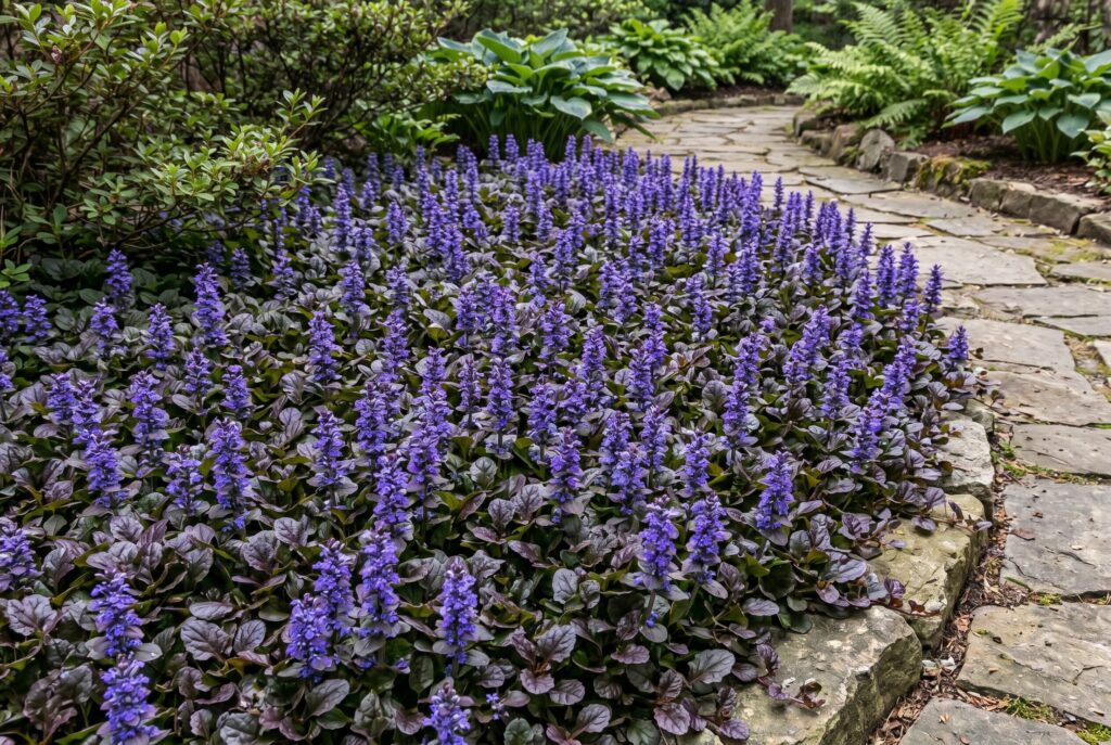 Ajuga ground cover displaying purple flower spikes and dark leaves along a stone path.