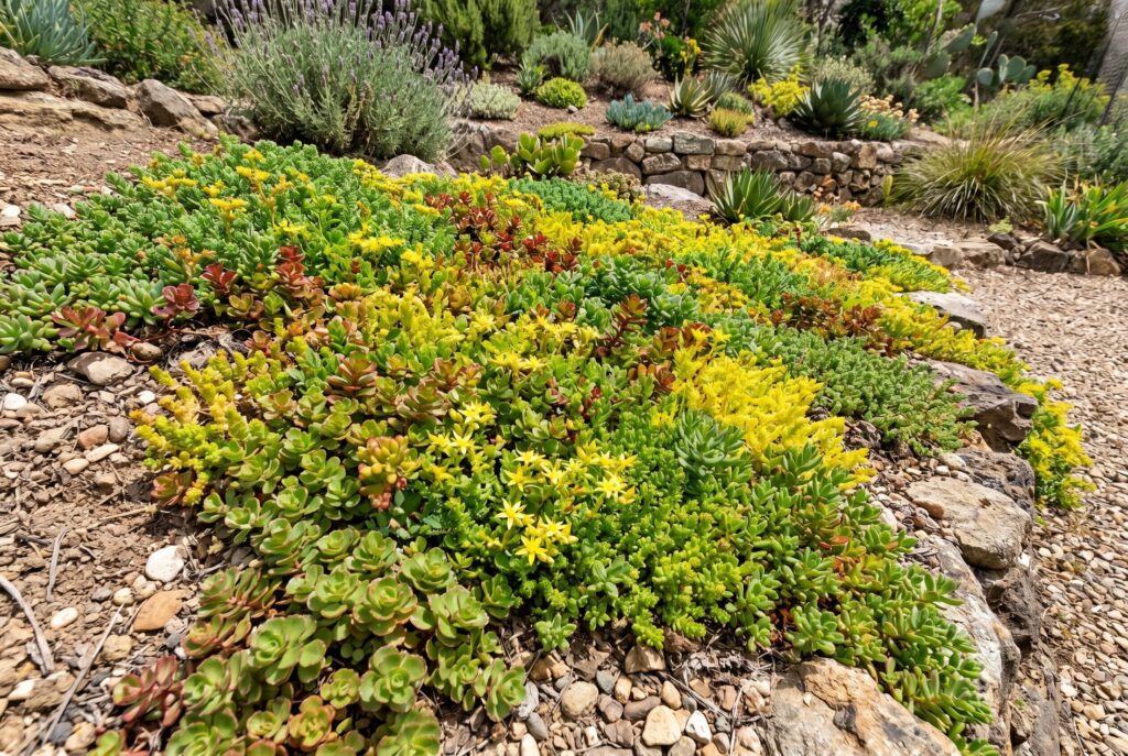 Colorful, succulent sedum ground cover thriving in dry soil and gravel within a sunny rock garden setting.