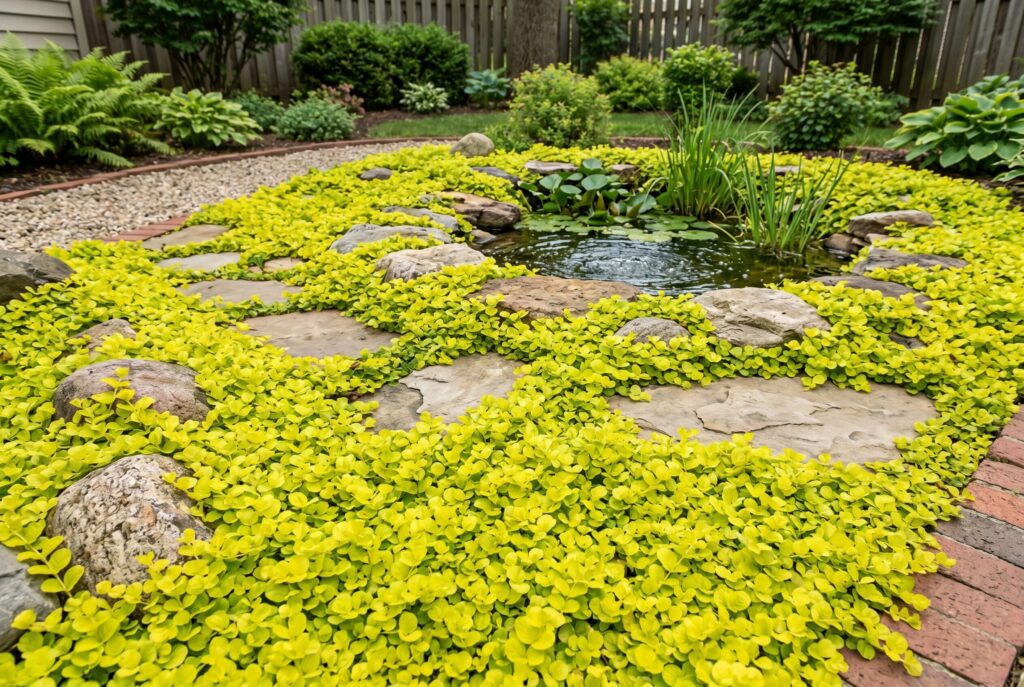 Bright chartreuse creeping Jenny spreading around stepping stones and a water feature.