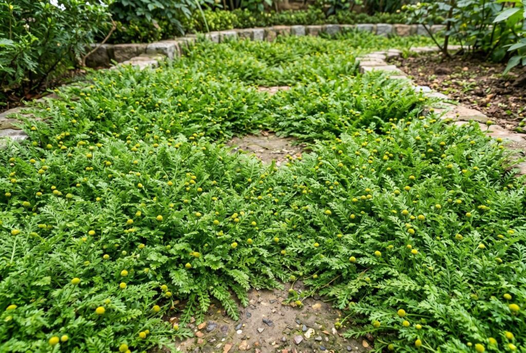 Brass buttons showing fern-like foliage and a low spreading habit near a brick border.