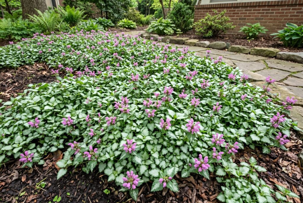 Spotted dead nettle with silver-marked leaves and colorful pinkish-purple flowers spreading in the shade.