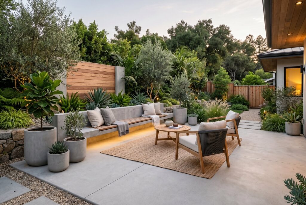 Seamless concrete patio with modern outdoor furniture and organic modern landscaping.