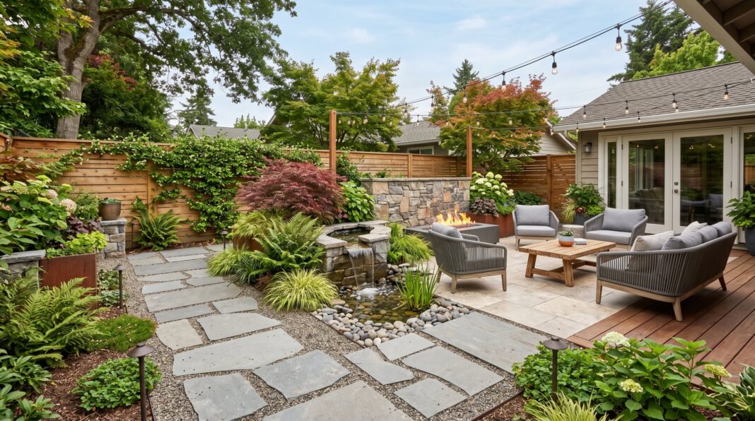 Hardscape ideas with stone patio, outdoor seating, and layered backyard landscaping design.