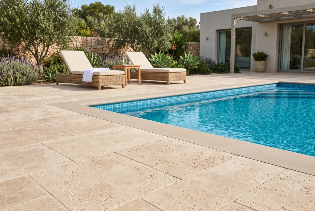 Poolside slip resistant pavers with modern swimming pool and minimalist landscaping.