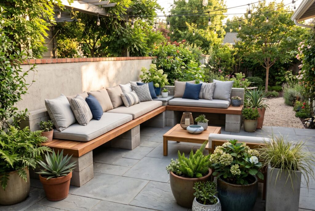 DIY built in patio furniture with concrete base and modern outdoor seating.