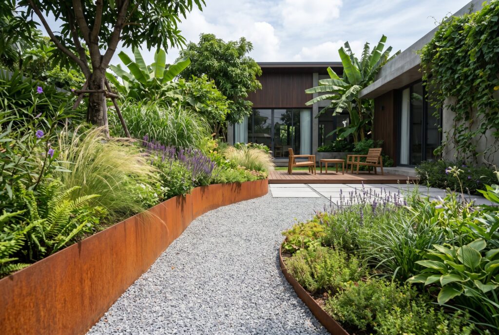 Corten steel landscape edging with gravel path and lush garden planting beds.