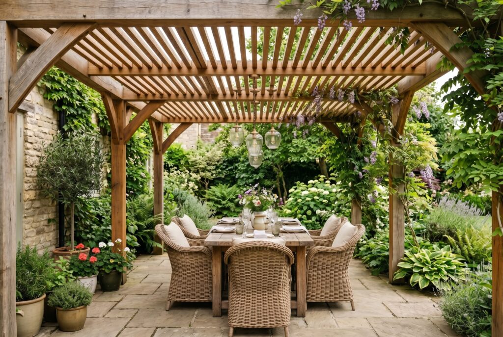 Wood slat pergola over outdoor dining area with climbing vines and garden seating.