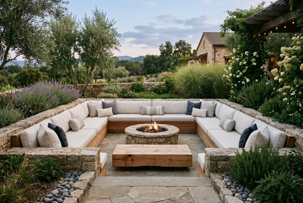 U shaped sectional seating around fire pit with luxury outdoor living design.