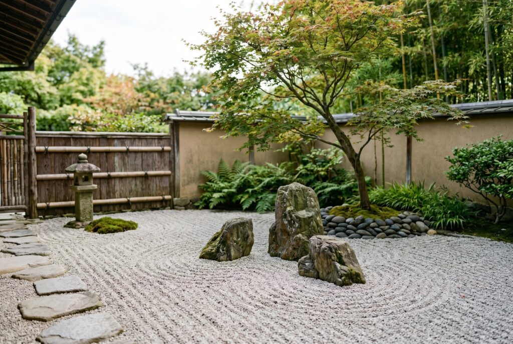 Zen sand and stone courtyard with raked gravel, boulders, and Japanese garden design.
