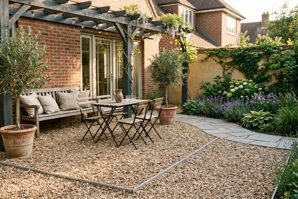 Pea gravel courtyard patio with outdoor dining set and budget friendly hardscape design.
