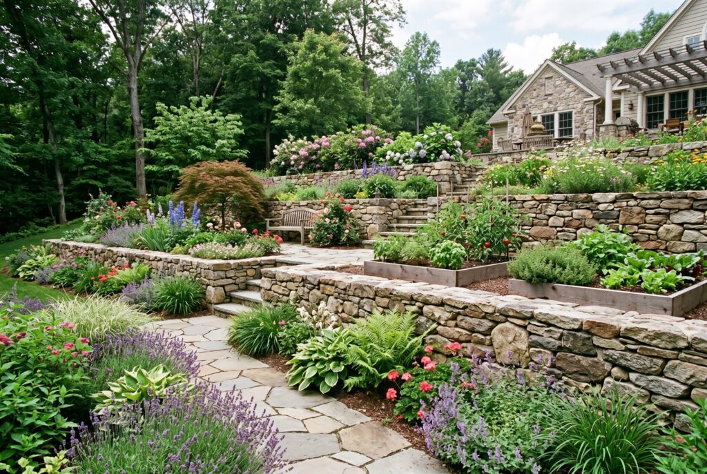 Terraced stone retaining walls with layered planting beds on sloped landscape.