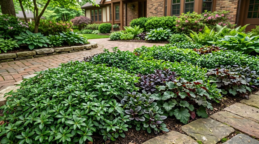 A shaded garden bed bordered by a brick pathway, featuring a textured mix of evergreen ground covers, including lush green foliage and dark purple-leaved plants.