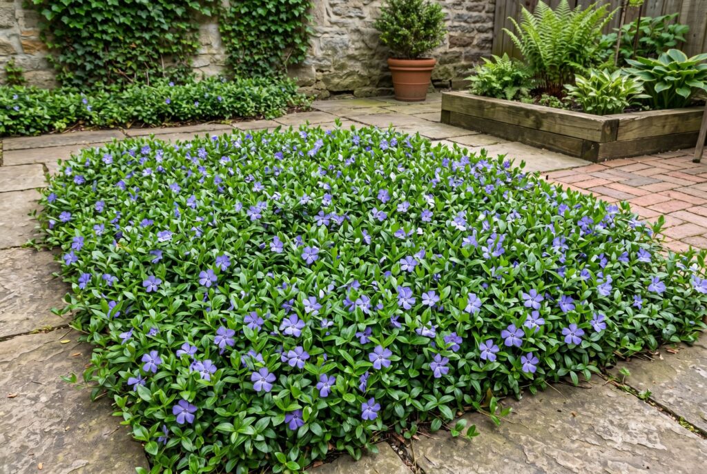 A dense mat of dwarf periwinkle (Vinca minor) displaying evergreen foliage and colorful blue-purple flowers in a fully contained brick patio bed.