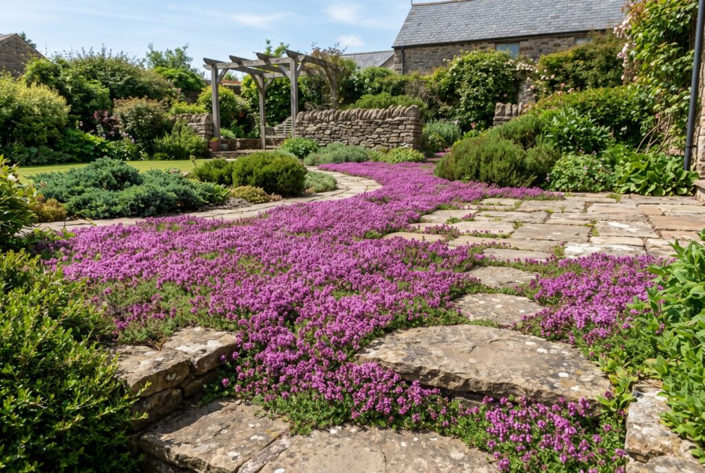 A sun-loving creeping thyme ground cover filling the spaces around stepping stones with a dense, fragrant mat of bright purple flowers.