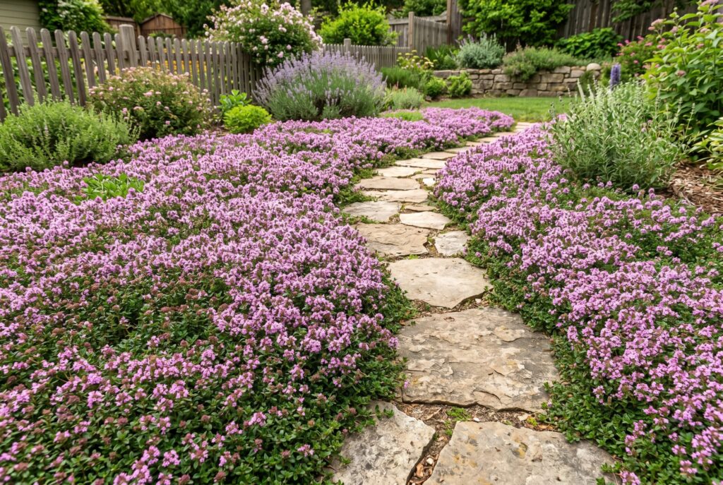 Creeping thyme ground cover displaying a dense mat of bright purple flowers alongside a rugged stone garden path in full sun.