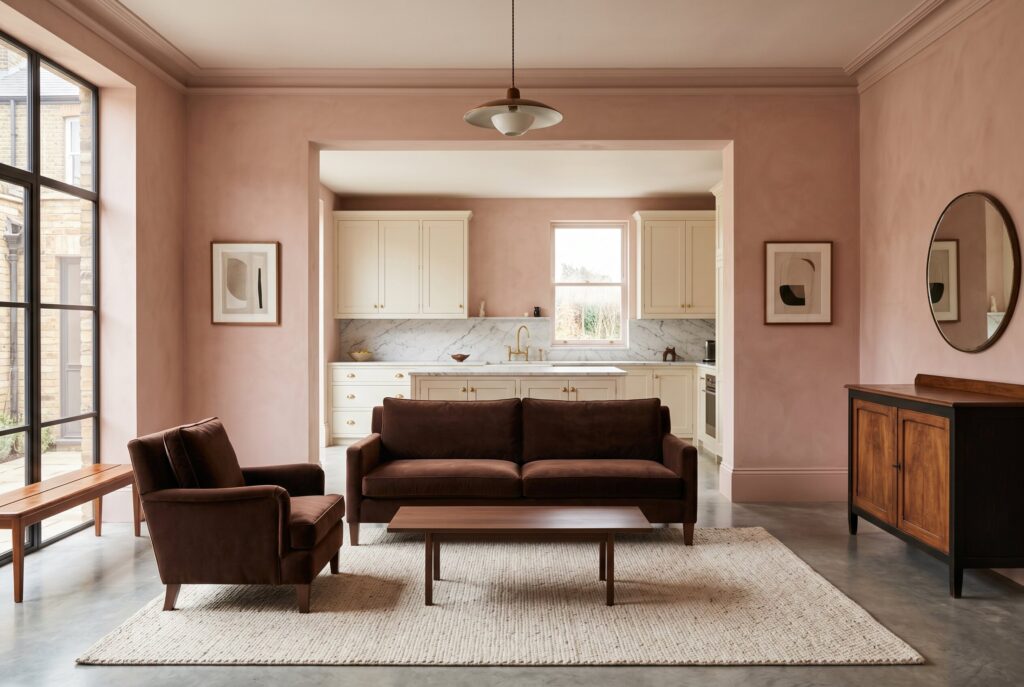 Plaster pink living room with chocolate brown sofa, walnut furniture, and soft artistic palette. 