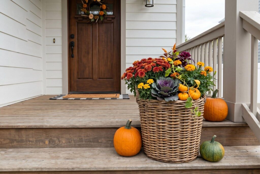 Pre made fall planter in woven basket with pumpkins on simple autumn porch.