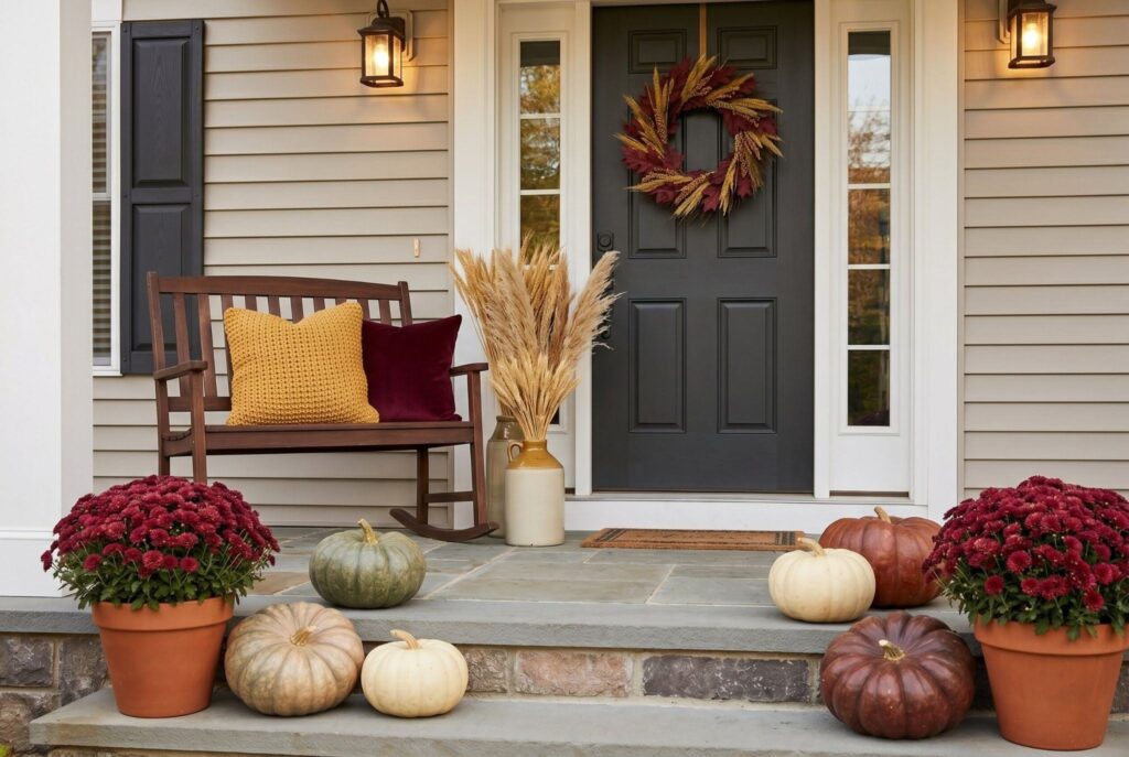Burgundy mums, mustard accents, and deep red foliage in rich fall porch decor.