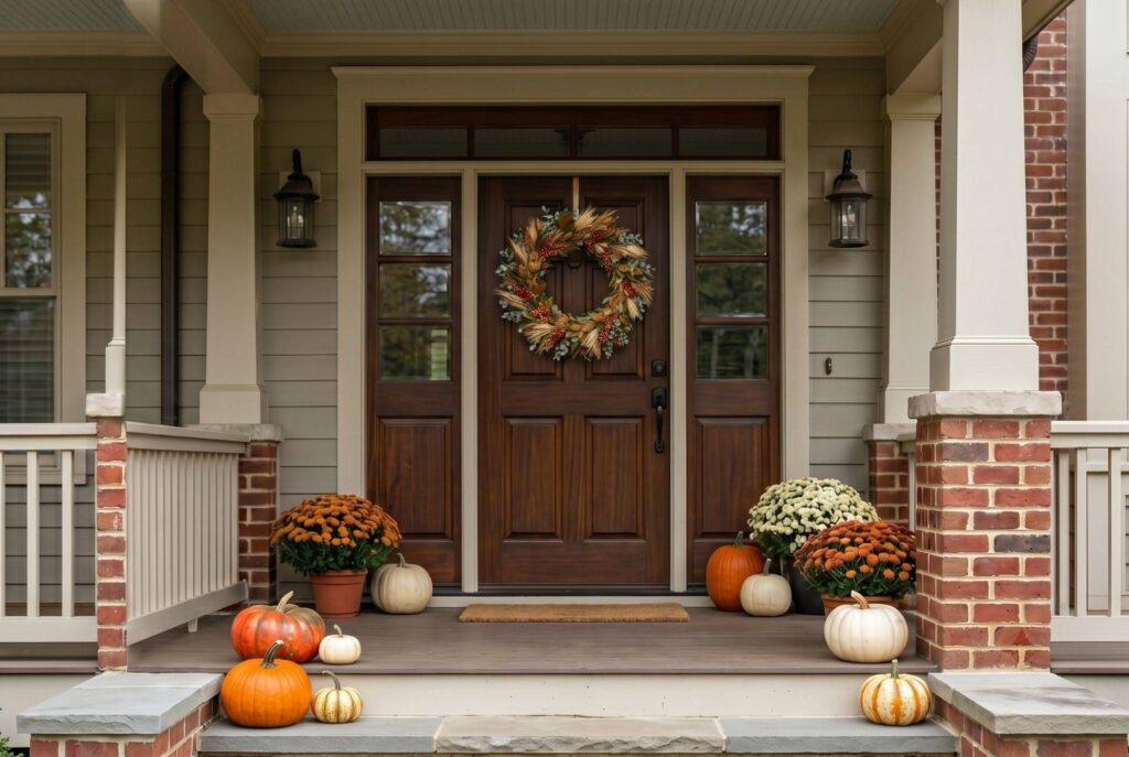 Large Southern style fall wreath with mums and pumpkins framing front entry.