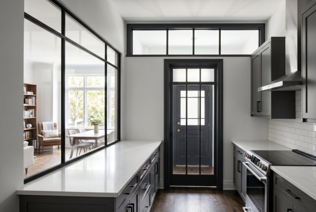 Broken plan kitchen with arched glass partitions and warm wood cabinetry.