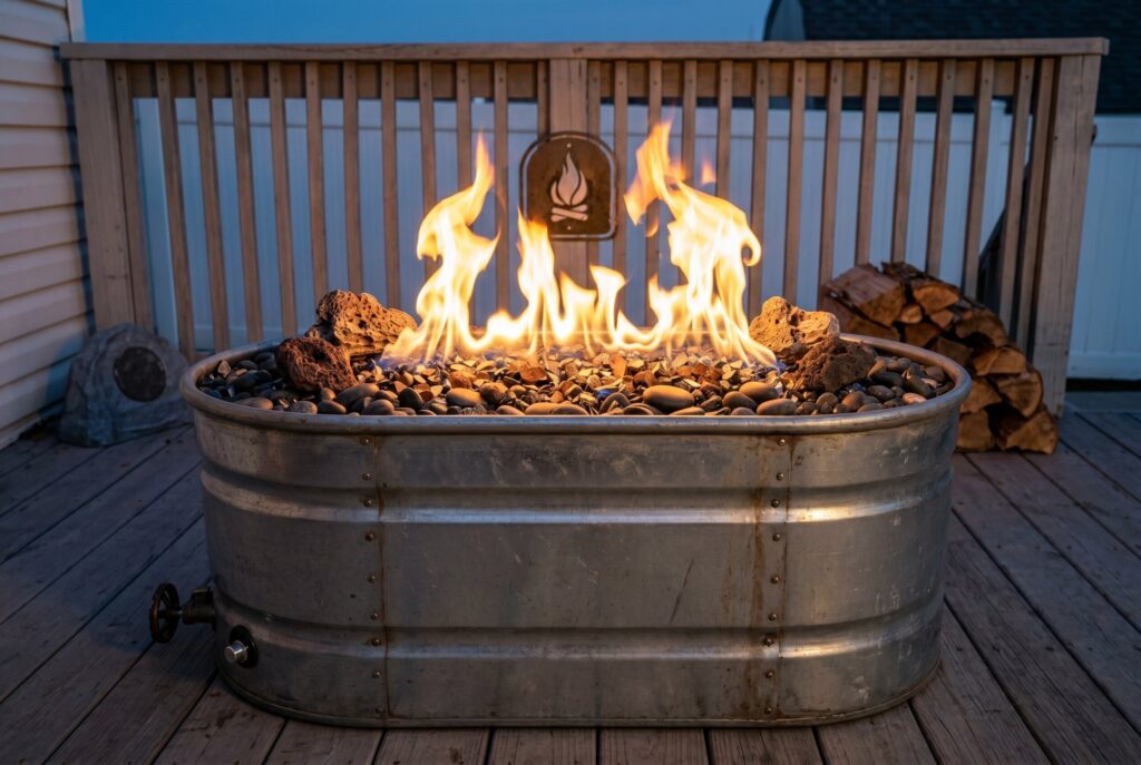 Galvanized stock tank smokeless fire pit with visible flames and budget DIY design. 