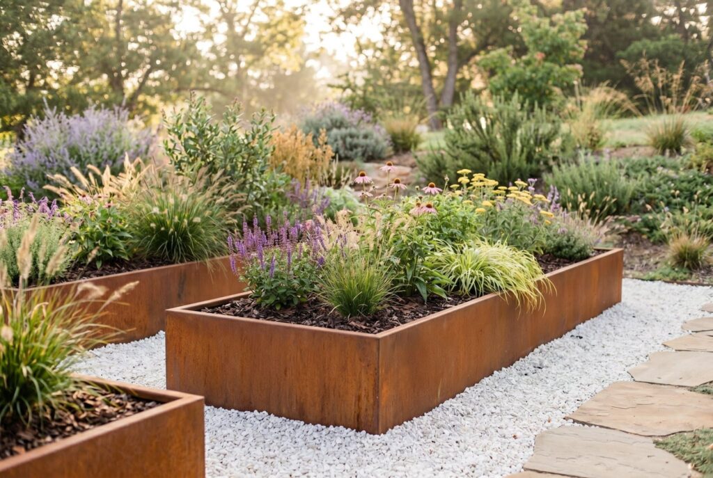Elevated corten steel planters above white gravel with ornamental grasses and flowers. 