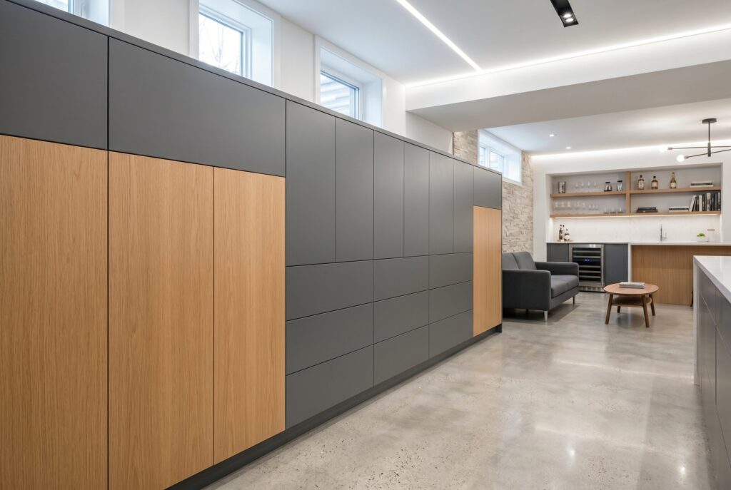 Touch to open storage cabinetry with handle free design and integrated organization.
