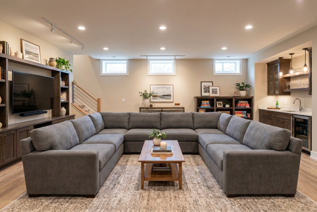 Large sectional family hub with multiple seating areas and finished basement entertainment space.