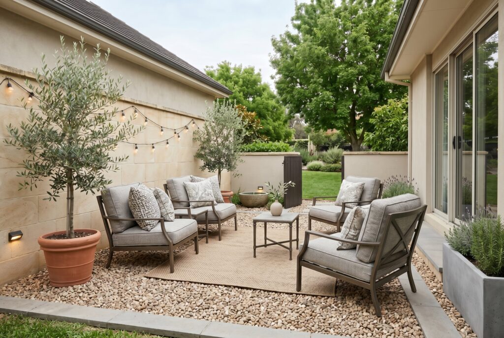 Pea gravel courtyard patio with olive trees, lounge chairs, and minimalist landscaping.