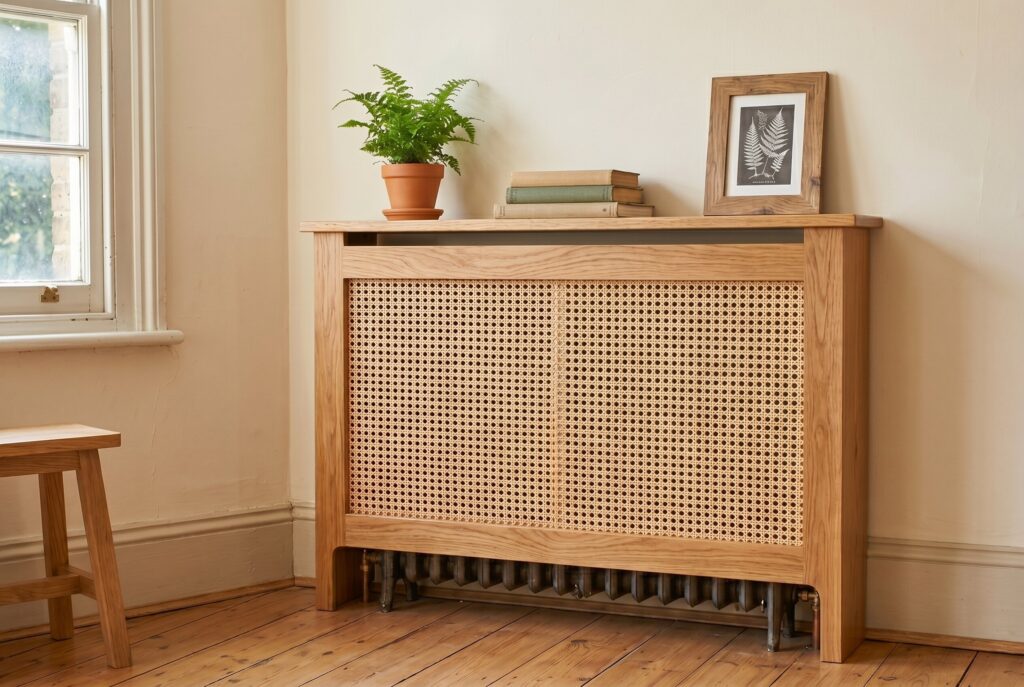 Custom radiator cover with cane panels, oak frame, and decorative display surface.