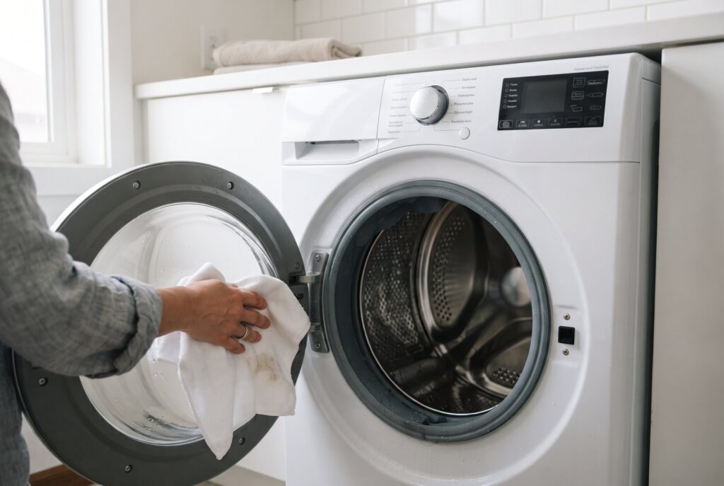 A person uses a white cloth to wipe the rubber seal of a washing machine door. 