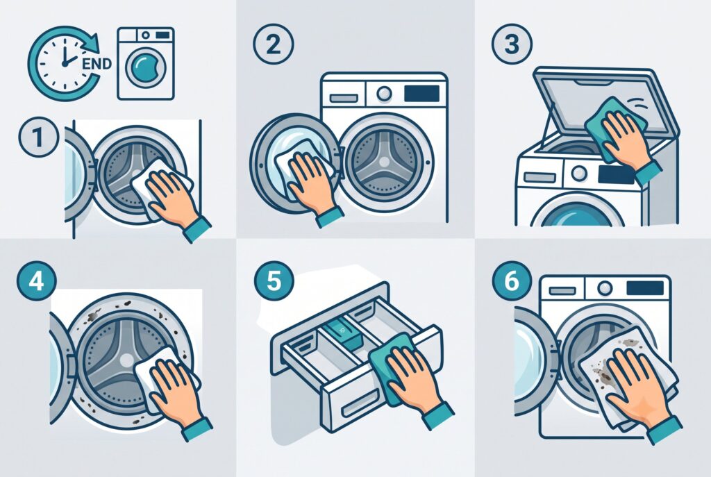 Six illustrated steps showing how to wipe down the drum, door, lid, gasket, detergent drawer, and exterior after cleaning.